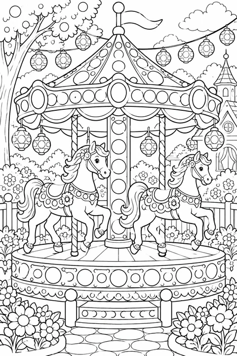 Two carousel horses under a dotted canopy, with lanterns and flowers around them.