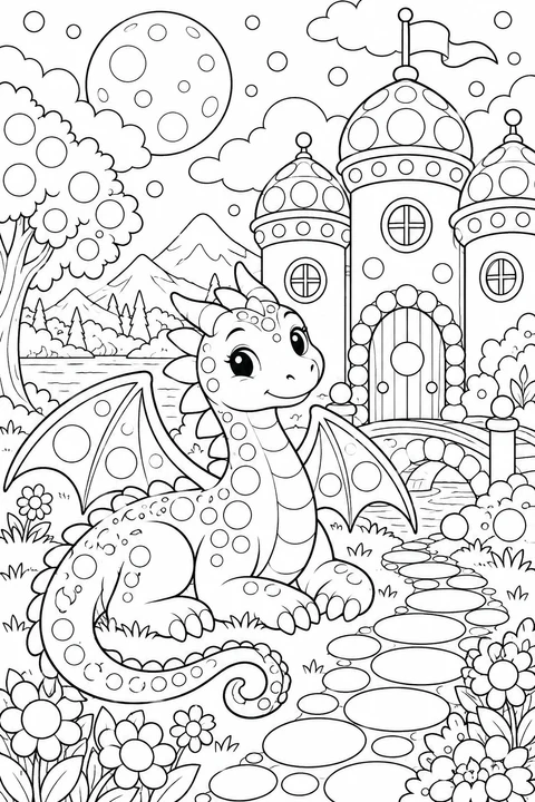 Smiling dotted dragon beside round castle towers and a path of circular stones.