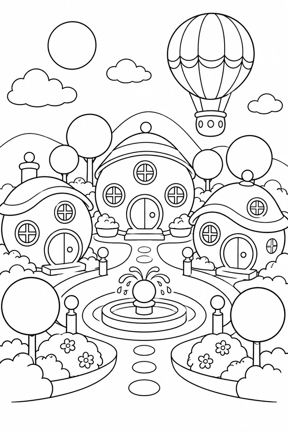 Round houses, trees and a balloon make a playful circle city.