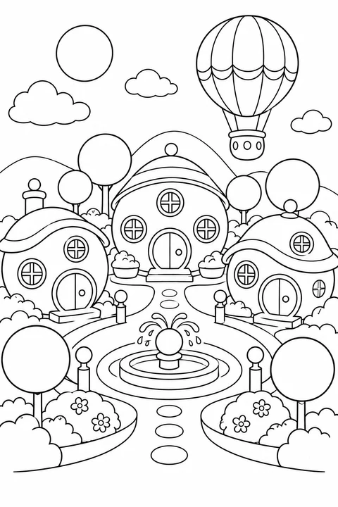 Round houses, trees and a balloon make a playful circle city.