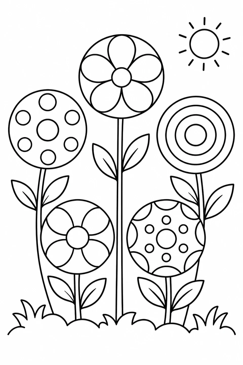 Five round flowers contain dots, rings and petals to color and decorate.