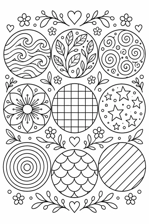 Nine circles hold waves, leaves, spirals, stars and other patterns to color.
