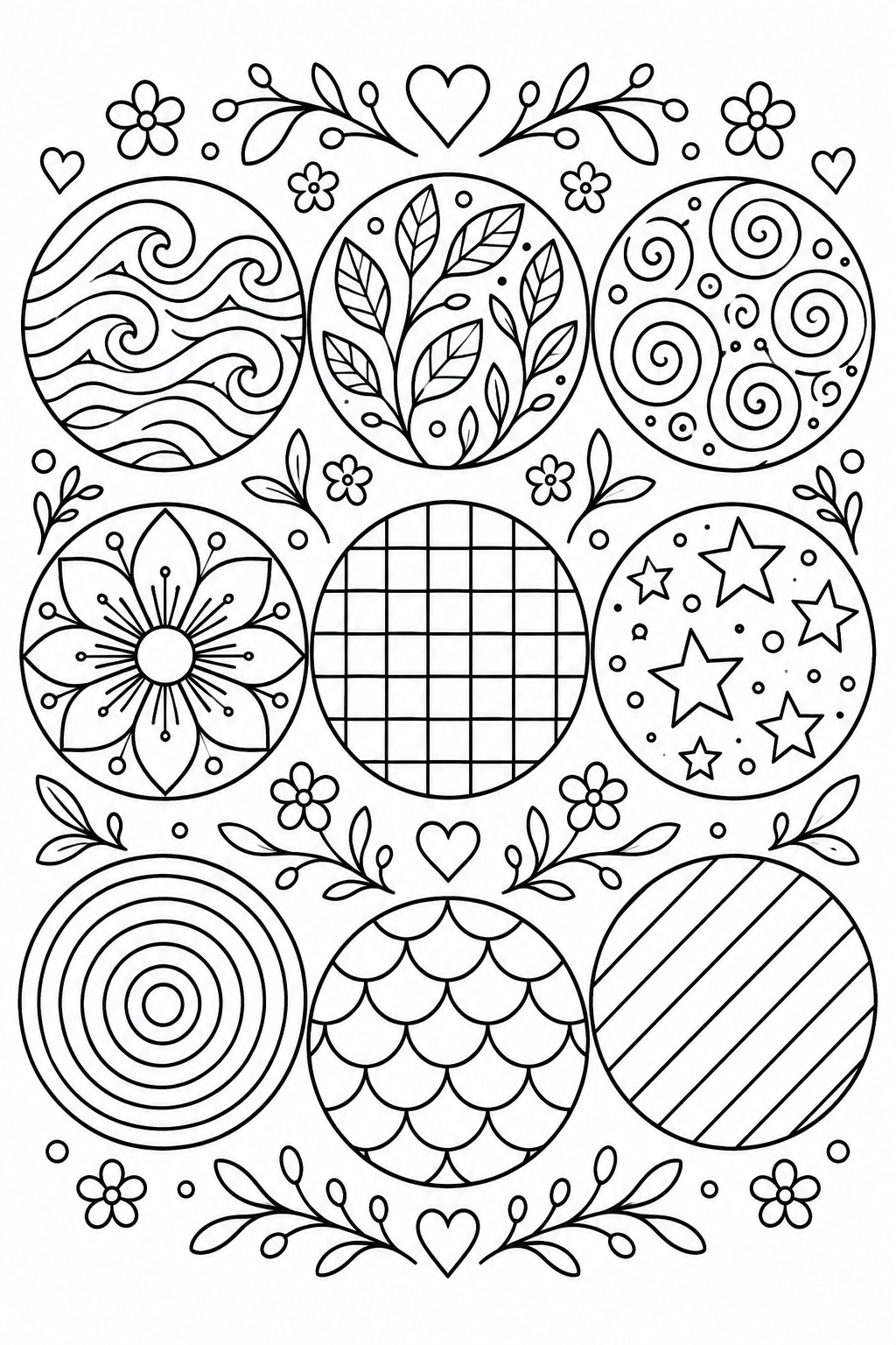Nine circles hold waves, leaves, spirals, stars and other patterns to color.