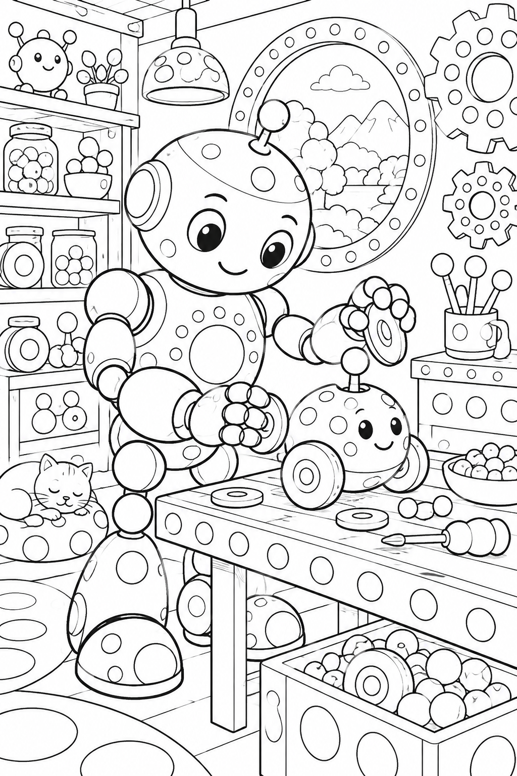 Rounded robot holding parts beside a wheeled toy, with gears and a sleeping cat in the workshop.