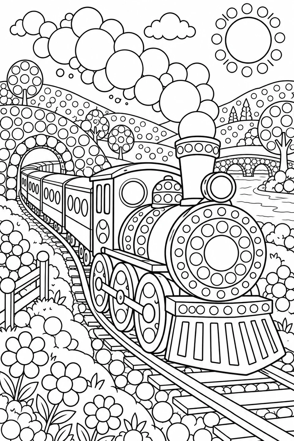 Dotted steam train coming out of a tunnel, with circular wheels, hills and round steam clouds.