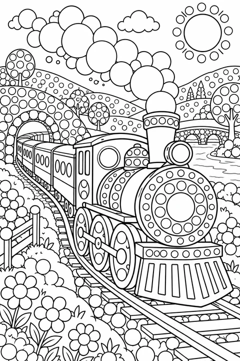 Dotted steam train coming out of a tunnel, with circular wheels, hills and round steam clouds.