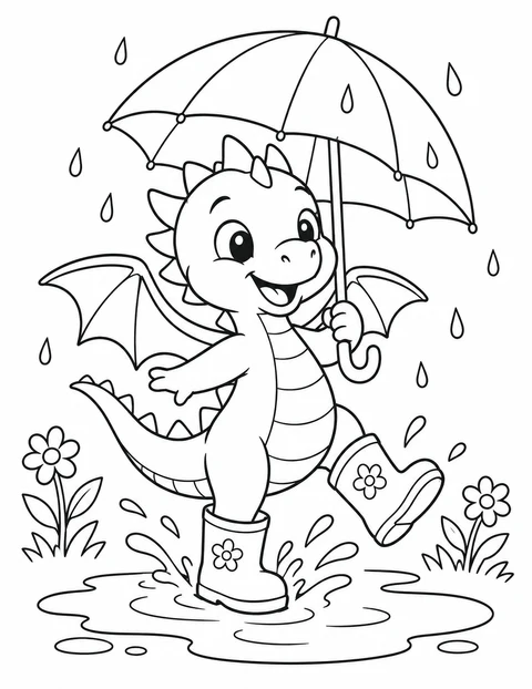 A little dragon splashes in a puddle with rain boots and an umbrella.