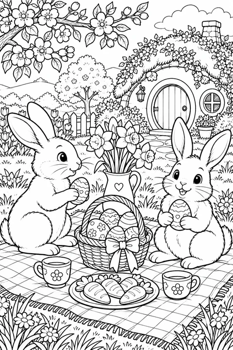 Twee konijnen houden versierde eieren vast op een picknickkleed naast een paasmand, kopjes en lekkers. Achter hen staat een huisje vol bloemen.