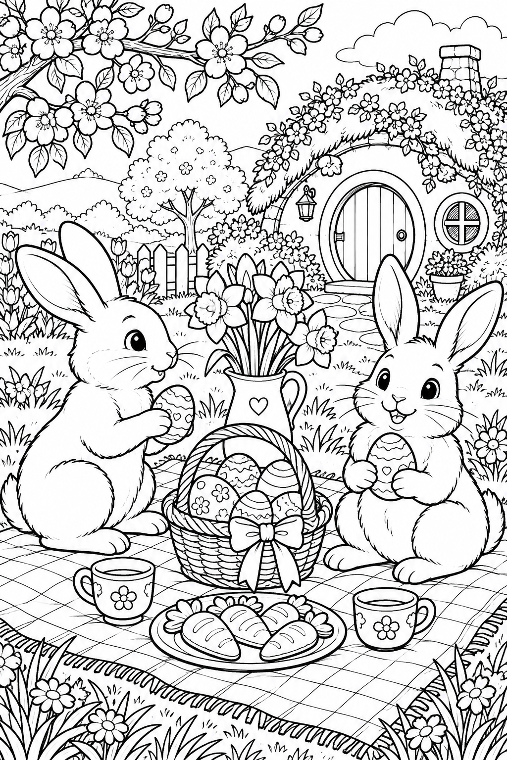 Twee konijnen houden versierde eieren vast op een picknickkleed naast een paasmand, kopjes en lekkers. Achter hen staat een huisje vol bloemen.