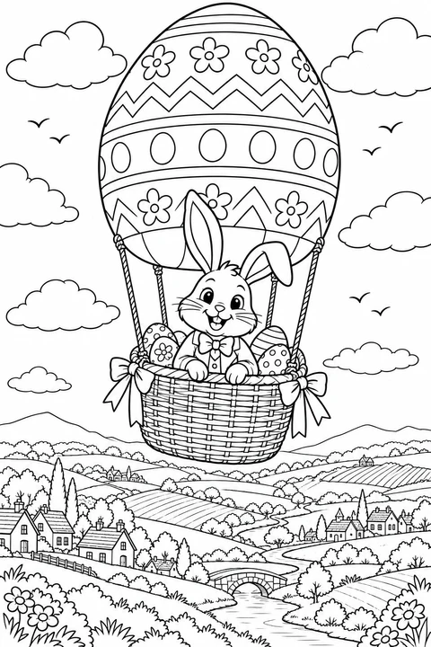 In deze fantasietekening vaart een paashaas in een eivormige ballon boven velden, huisjes en een kronkelende rivier.