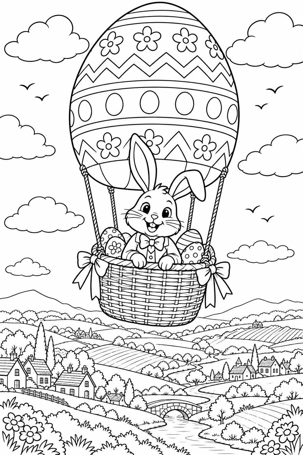 In deze fantasietekening vaart een paashaas in een eivormige ballon boven velden, huisjes en een kronkelende rivier.