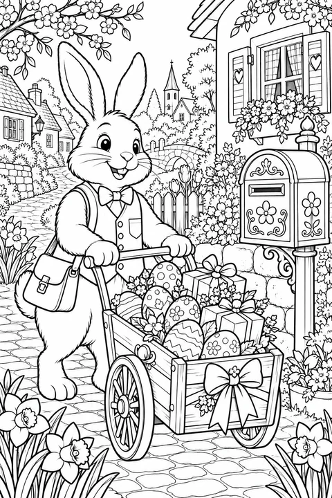 Een paashaas duwt een kar met versierde eieren en cadeautjes langs een huis vol bloemen en een brievenbus.