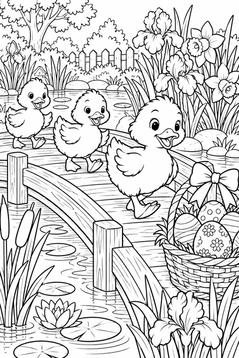 Three ducklings cross a wooden bridge toward a basket of Easter eggs, surrounded by flowers and waterside plants.