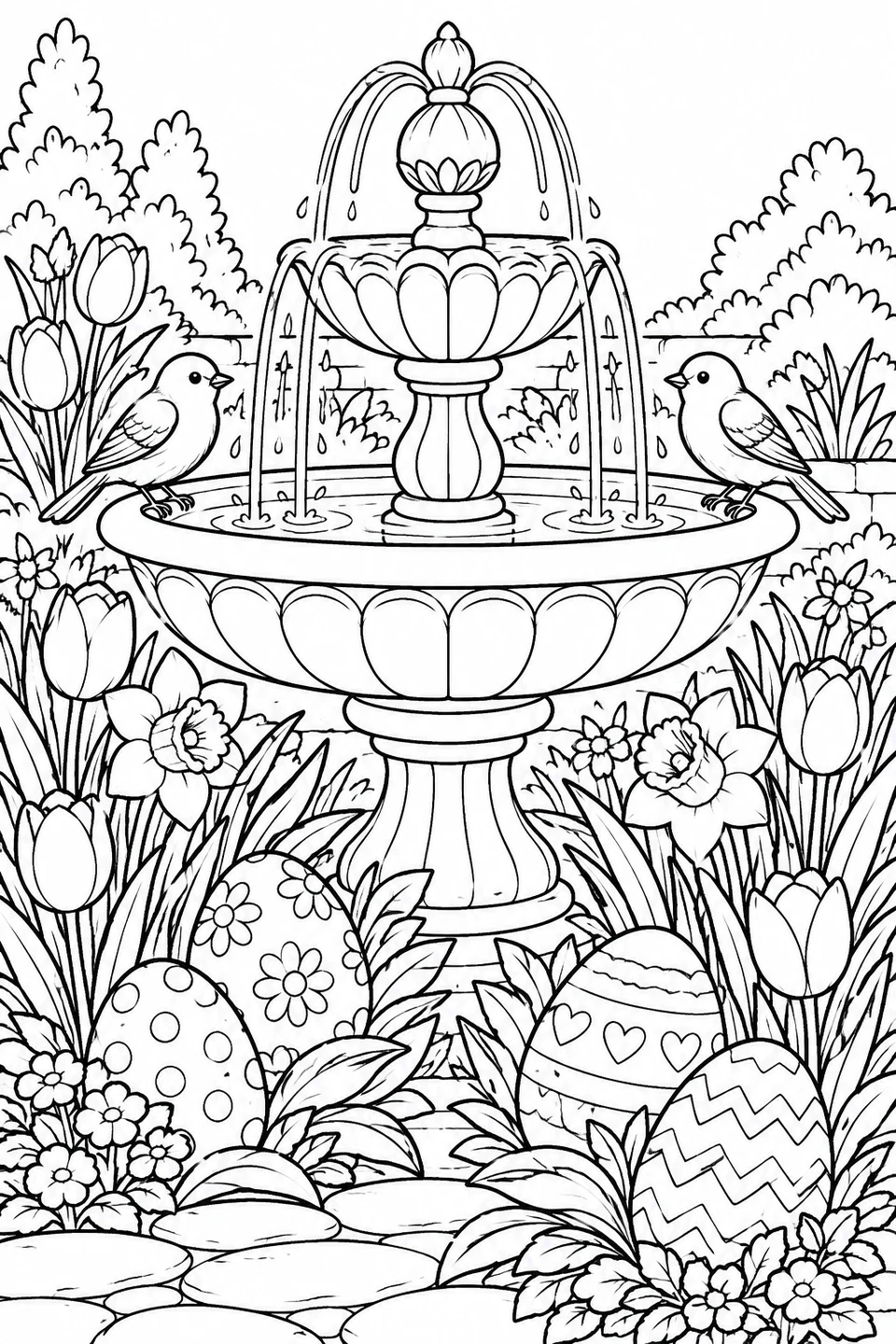 Two birds perch on a tiered garden fountain surrounded by patterned Easter eggs, tulips, daffodils and leafy plants.