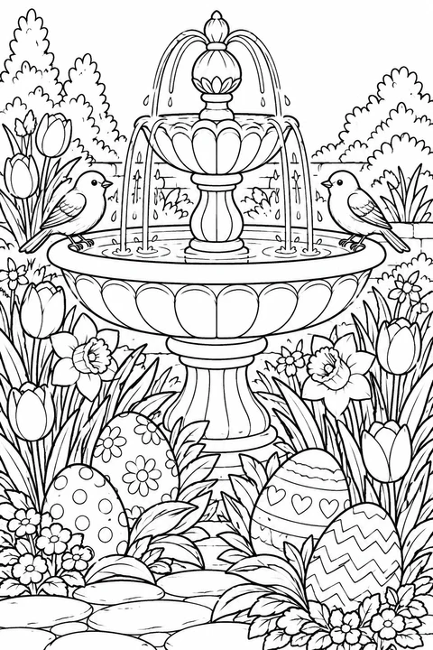 Two birds perch on a tiered garden fountain surrounded by patterned Easter eggs, tulips, daffodils and leafy plants.