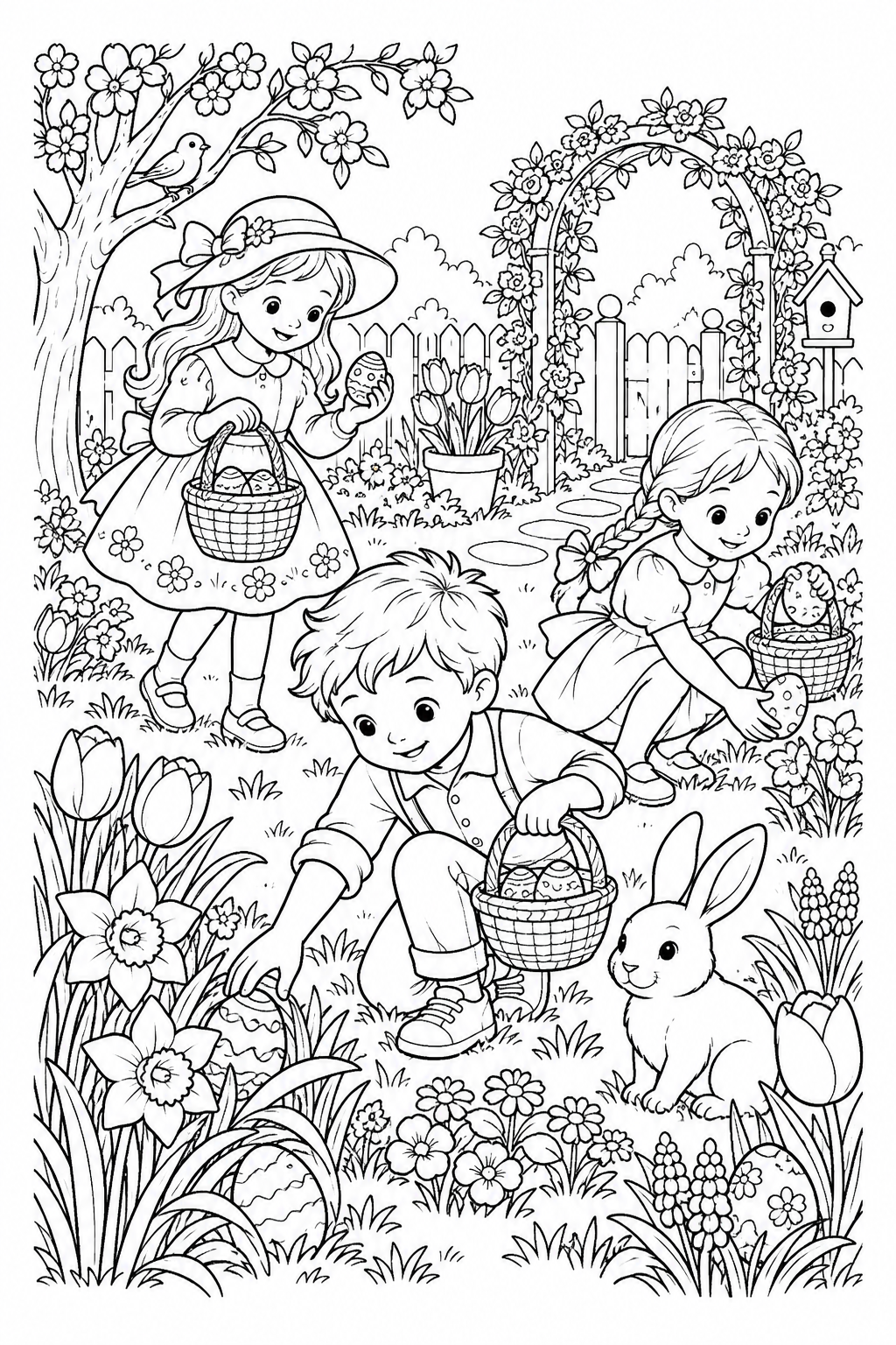 Spring Garden Egg Hunt, printable black-and-white coloring illustration.