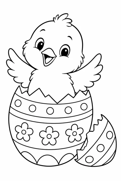 Chick in a Decorated Egg, printable black-and-white coloring illustration.