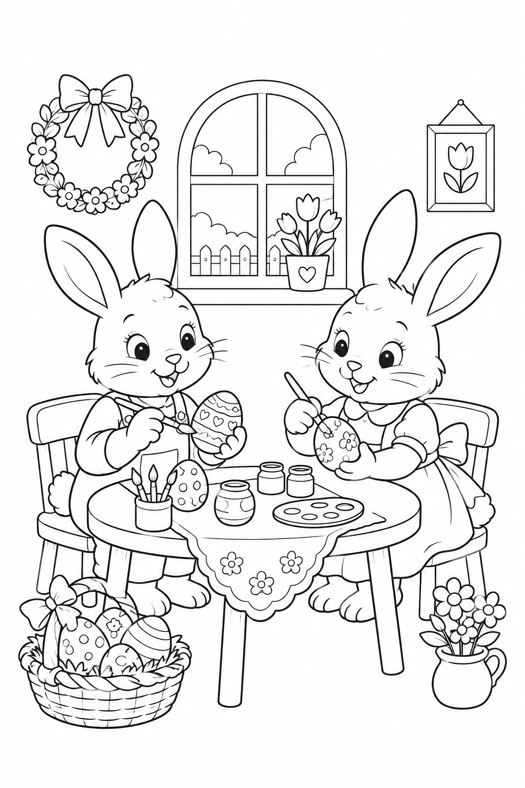 Rabbits Painting Easter Eggs, printable black-and-white coloring illustration.