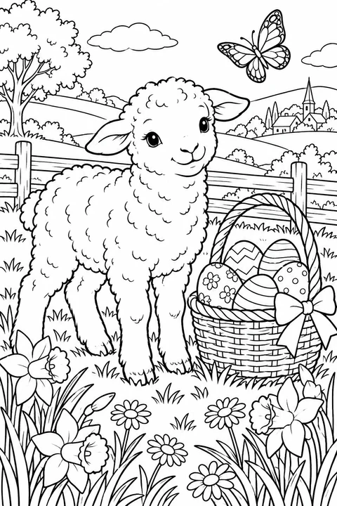 A fluffy lamb stands beside a basket of patterned Easter eggs in a flower-filled meadow, with a butterfly above the fence.