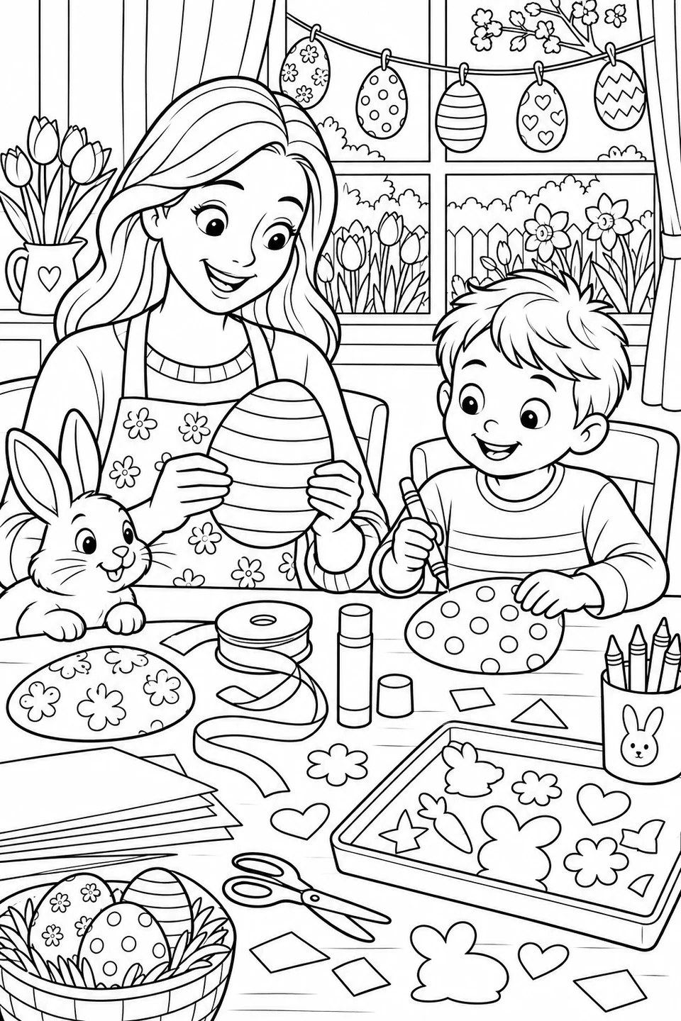 Een moeder houdt een gestreept papieren ei vast terwijl haar zoon een ander ei versiert aan de knutseltafel. Een konijn kijkt mee.