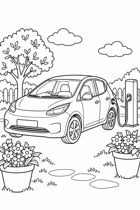 Ein Elektroauto ist mit einer Ladesäule verbunden. Daneben stehen Blumentöpfe, ein Baum und ein Gartenzaun.
