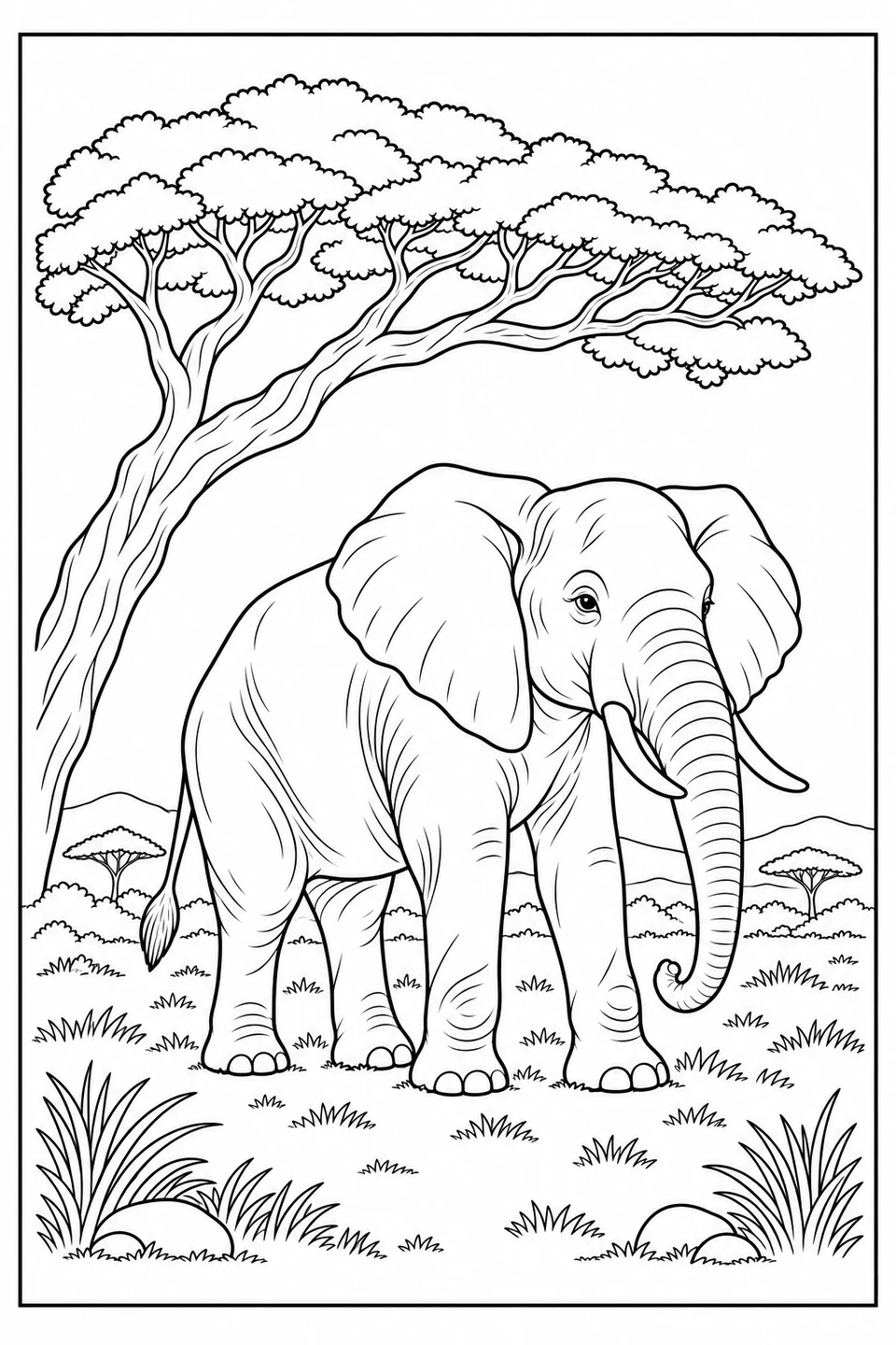 Ein Elefant steht im Gras unter der breiten Krone einer Akazie.