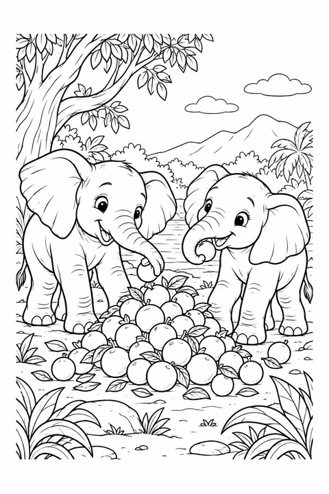 Zwei Elefantenjunge nehmen mit ihren Rüsseln runde Früchte neben einem belaubten Baum auf.