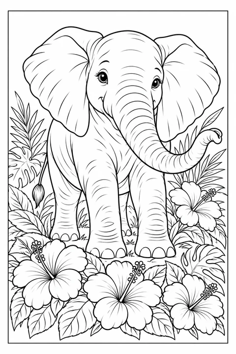 Ein Elefant schaut nach vorn und biegt seinen Rüssel über große tropische Blüten und Blätter.