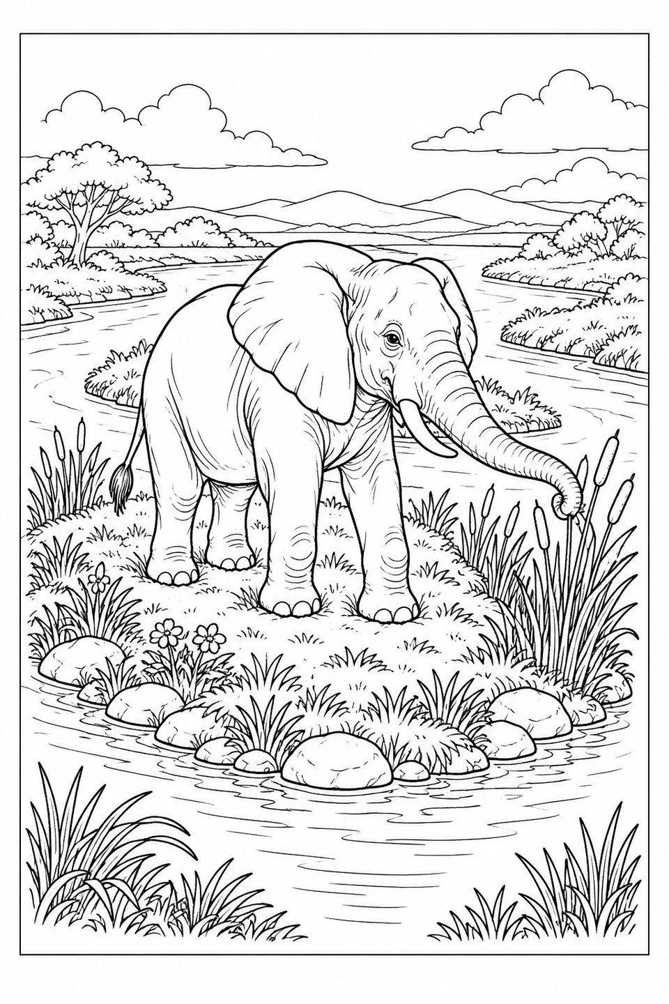 Ein Elefant streckt von einer grasbewachsenen Insel seinen Rüssel zu hohen Schilfhalmen.