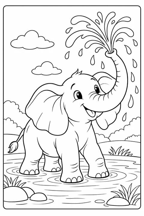 Ein Elefant steht im flachen Wasser und spritzt mit seinem Rüssel viele Tropfen in die Luft.