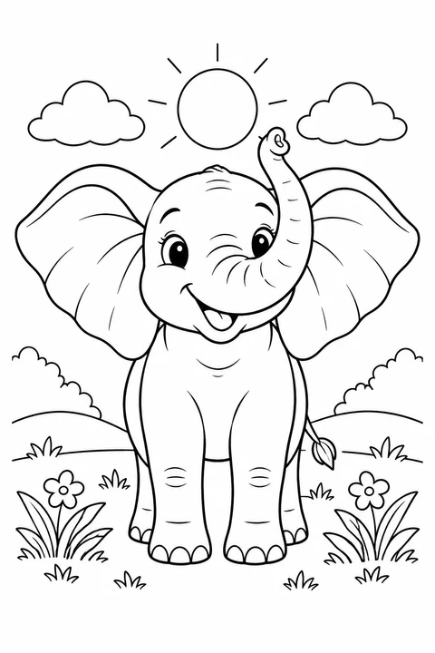Ein lächelnder Elefant hebt unter der Sonne seinen Rüssel. Neben seinen Füßen wachsen Blumen.
