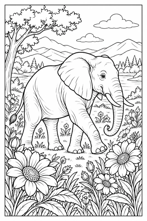 Ein Elefant geht durch die Blumen. Dahinter sind ein See und Berge zu sehen.
