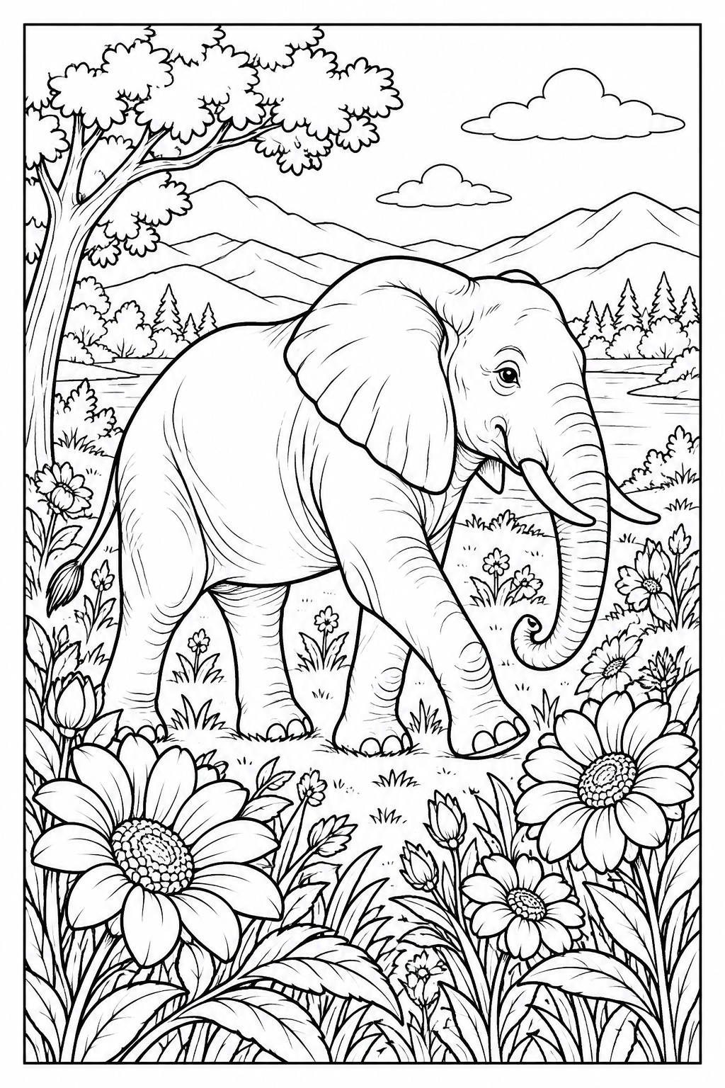 Ein Elefant geht durch die Blumen. Dahinter sind ein See und Berge zu sehen.