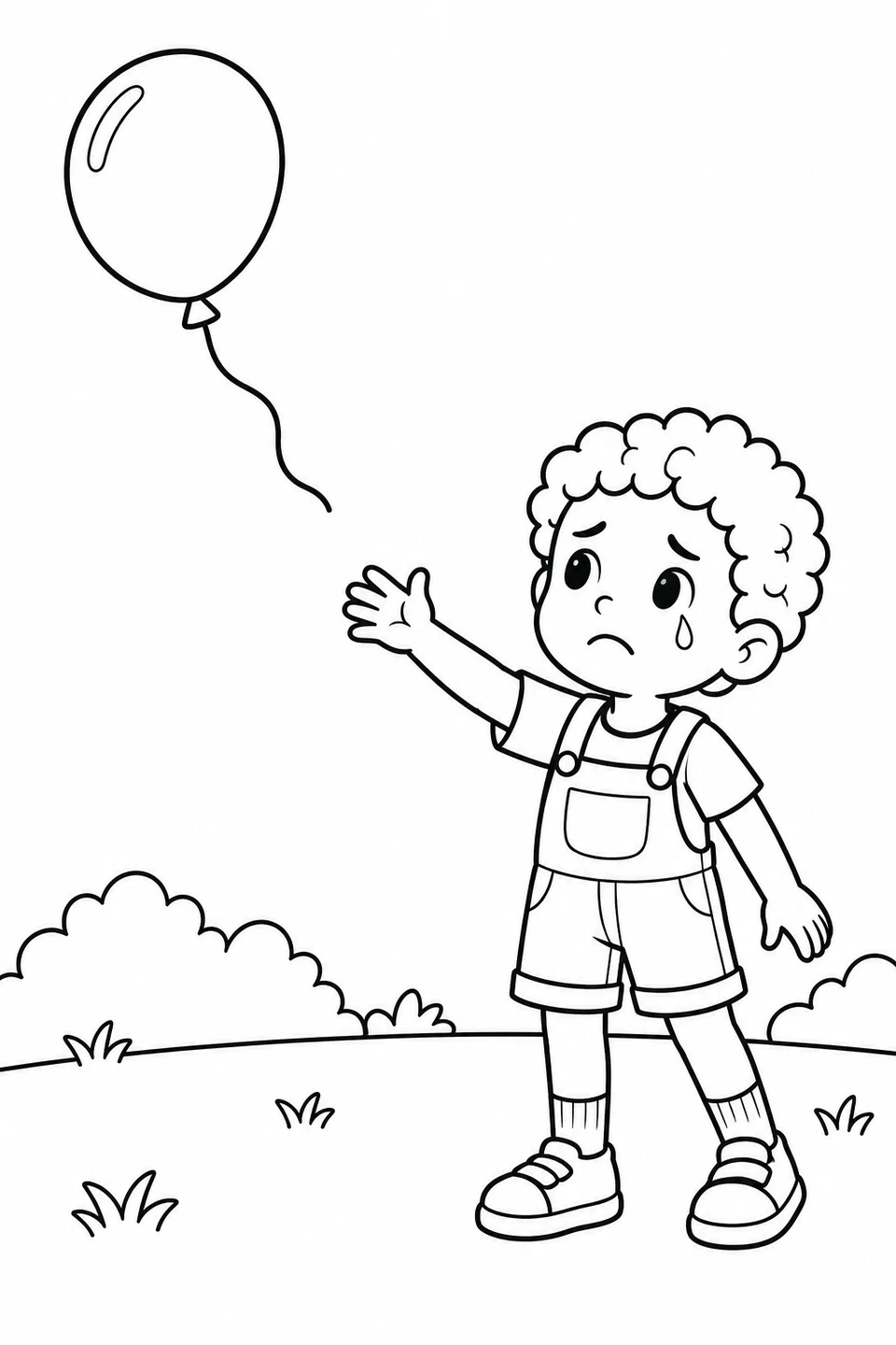 A curly-haired child with a small tear reaches toward a floating balloon whose loose string is out of reach, above grass and bushes.