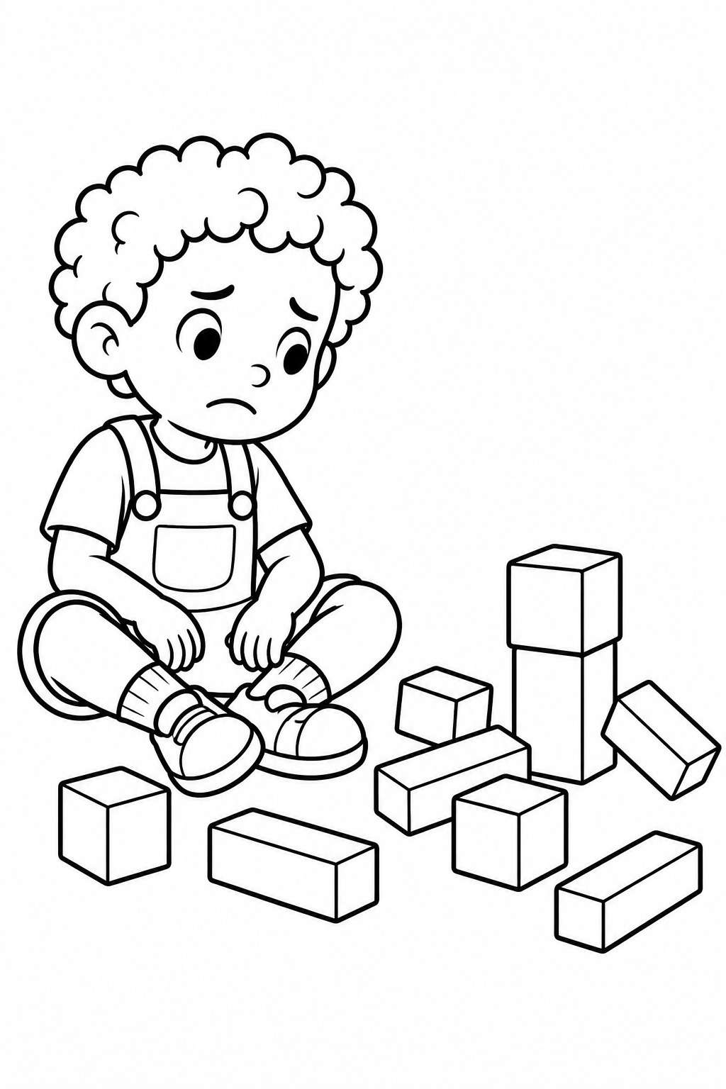 A curly-haired child sits beside scattered cubes and long blocks; two blocks remain stacked, and the child's mouth turns down.