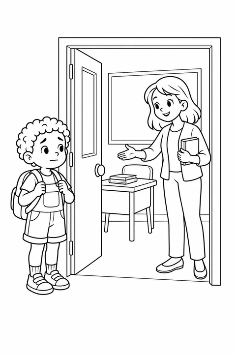 Child holding backpack straps outside a classroom door as an adult welcomes them.