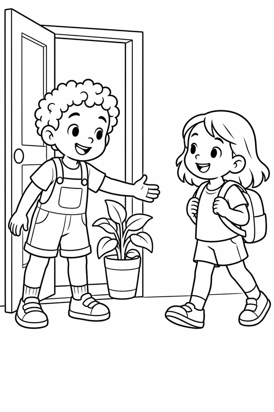 Two smiling children meet beside an open door and a potted plant; one extends a hand while the other holds backpack straps.