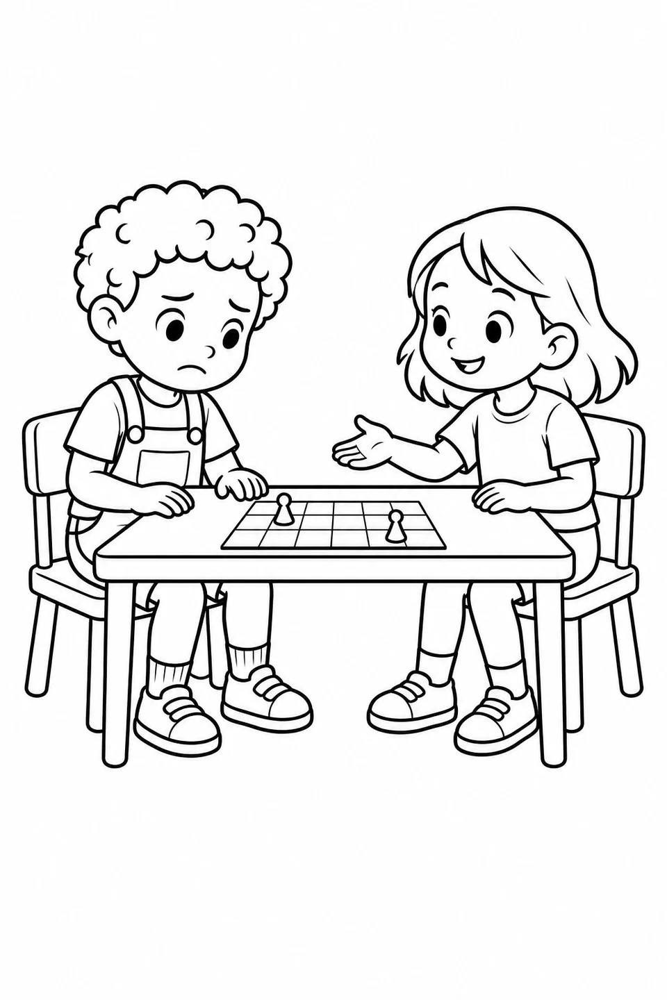 A child with a downturned mouth beside a grid game, facing a smiling friend.