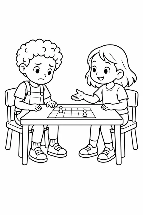 A child with a downturned mouth beside a grid game, facing a smiling friend.
