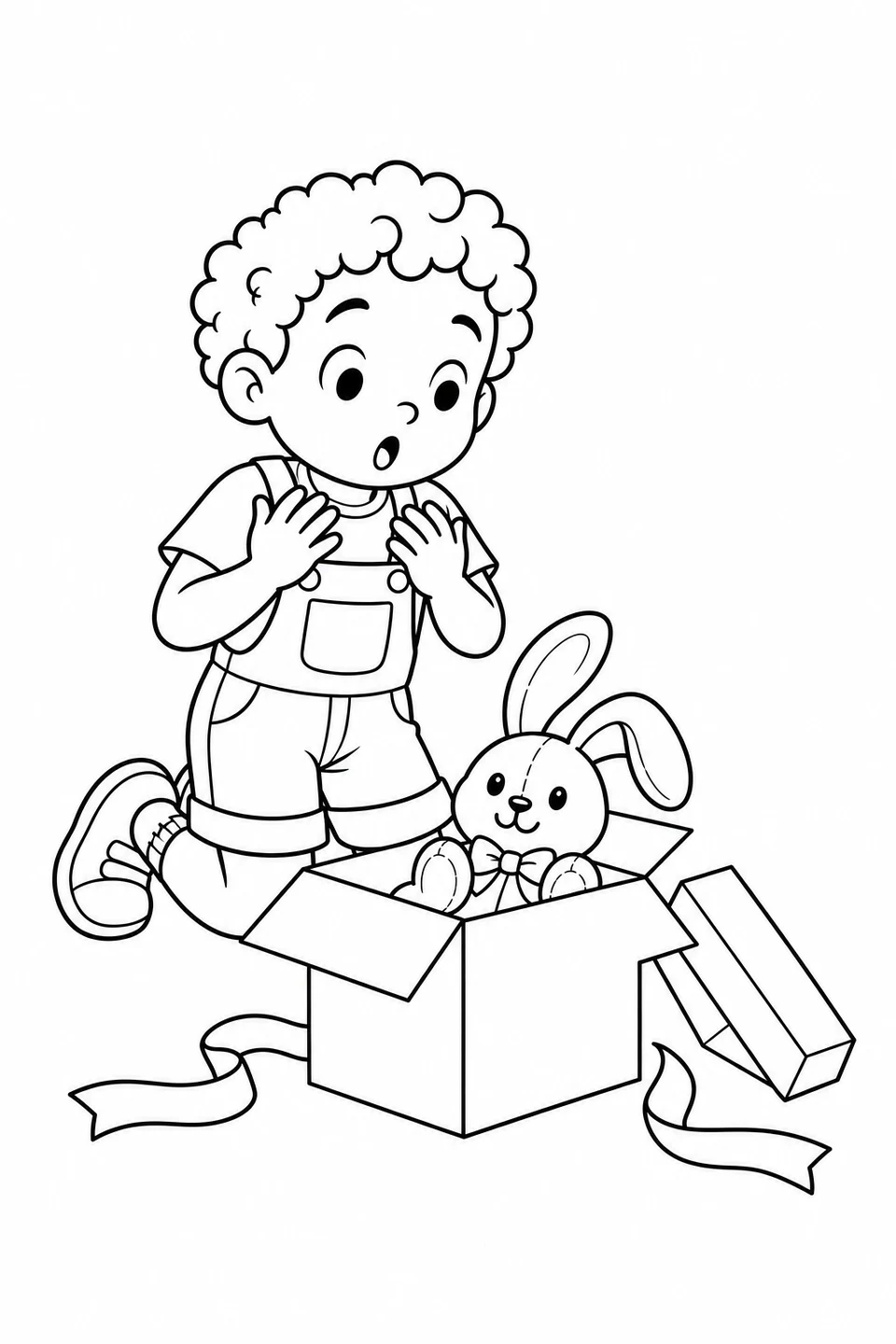 A child with raised hands looking at a toy rabbit in an open gift box.