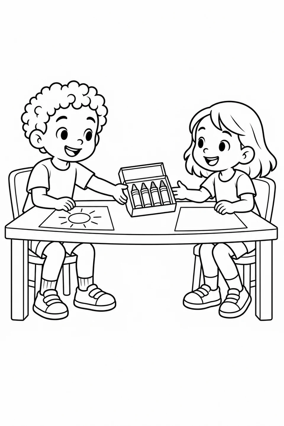 Two smiling children sharing an open box of crayons across a table.