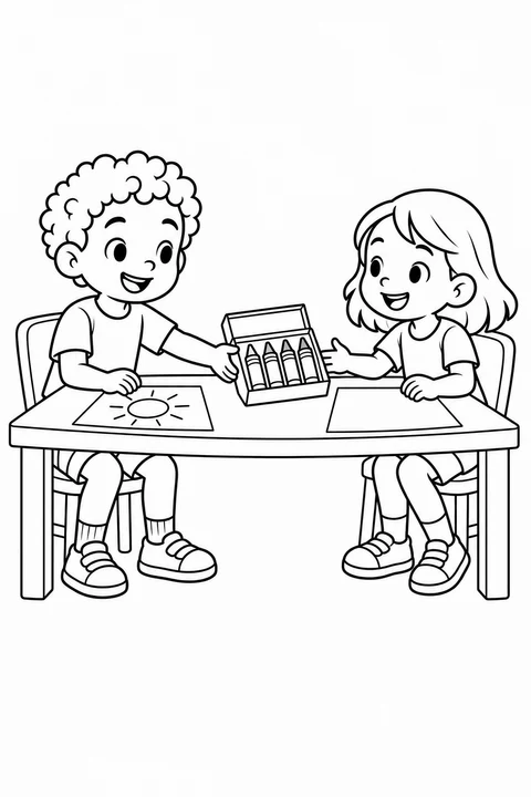 Two smiling children sharing an open box of crayons across a table.