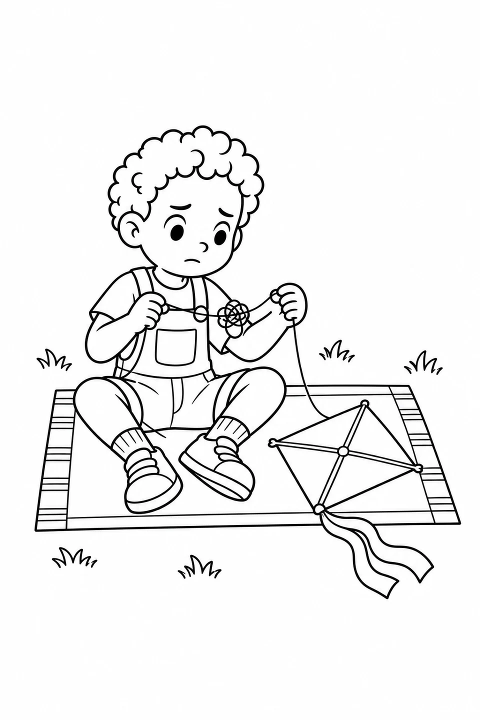 A child holding tangled string on a picnic mat beside a diamond kite.