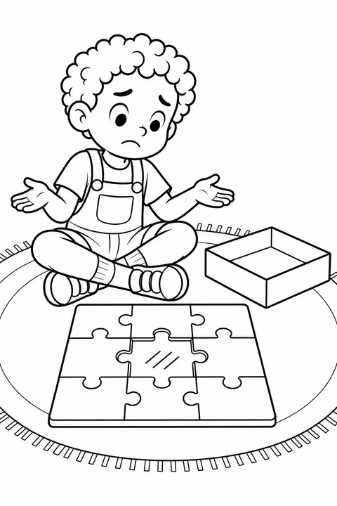 A child sits with open palms beside an empty box and a puzzle with eight pieces and one recessed center gap marked by three short lines.