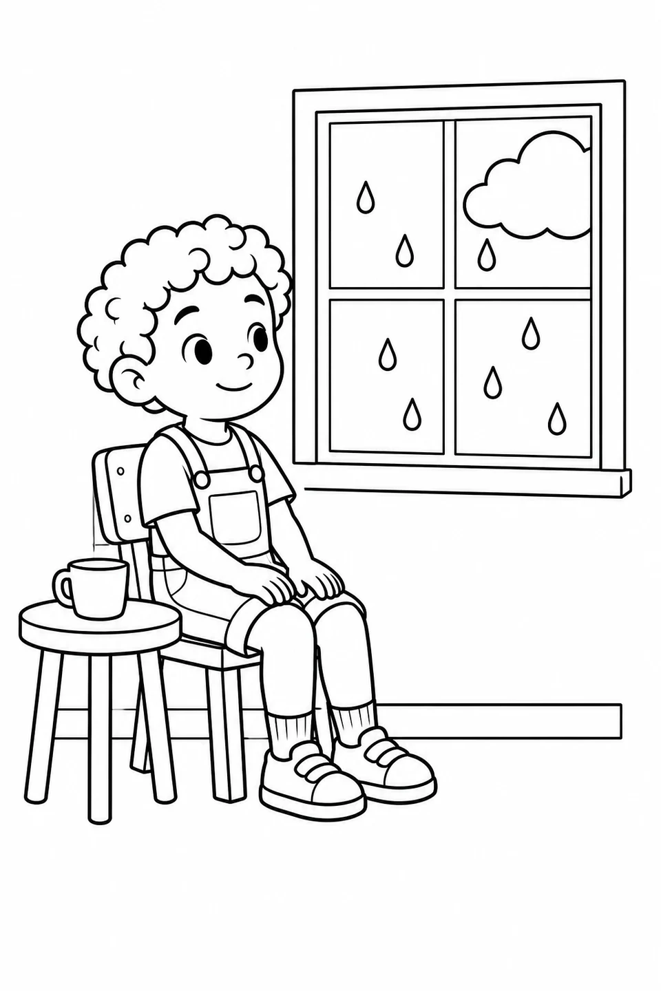 A smiling child sits beside a rainy window with hands on the knees.