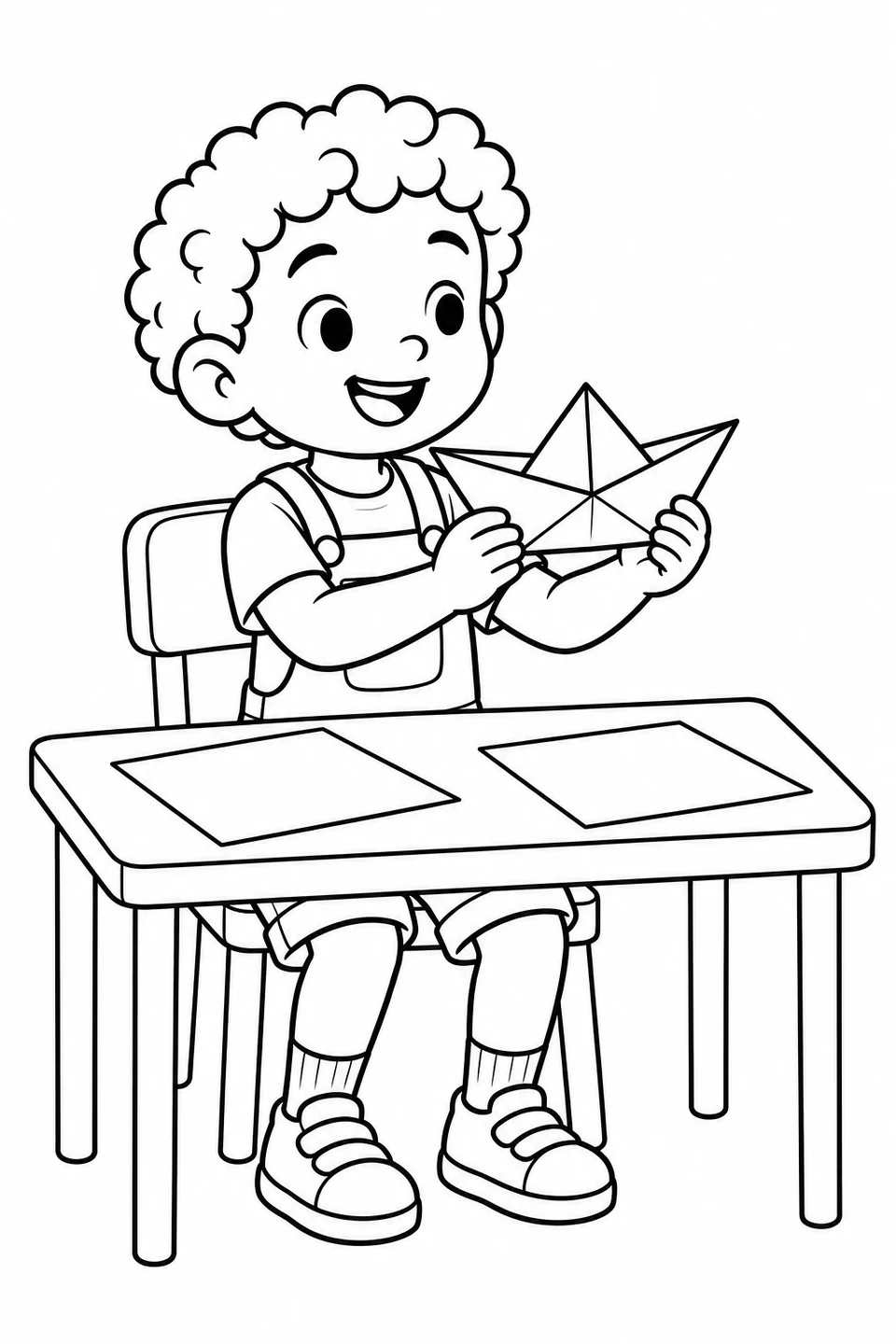 A smiling curly-haired child holds up a folded paper boat at a table with two flat sheets of paper.