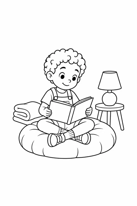 A curly-haired child reading on a cushion beside a blanket and lamp.