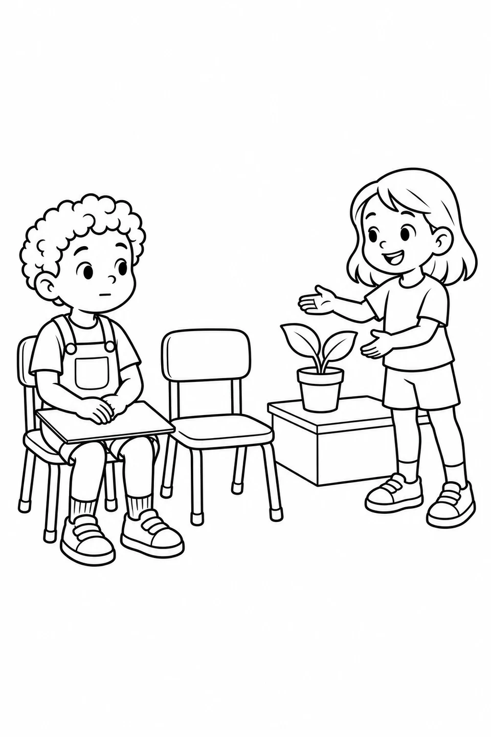 Seated child holding a blank board while another child presents a potted plant.
