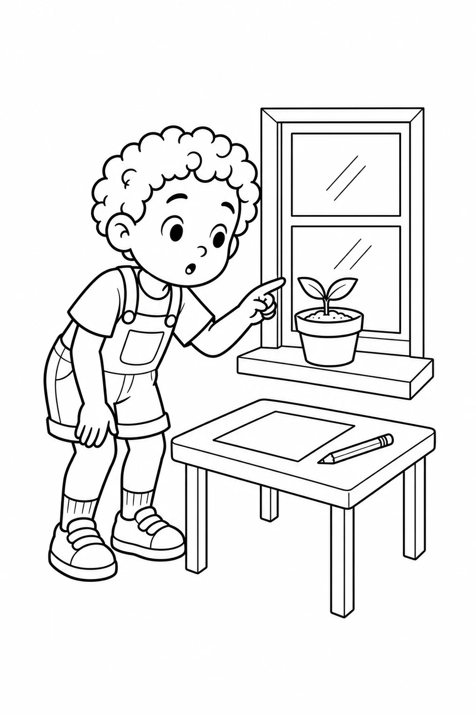 Niño señalando junto a un brote de dos hojas en una ventana, con papel y lápiz debajo.