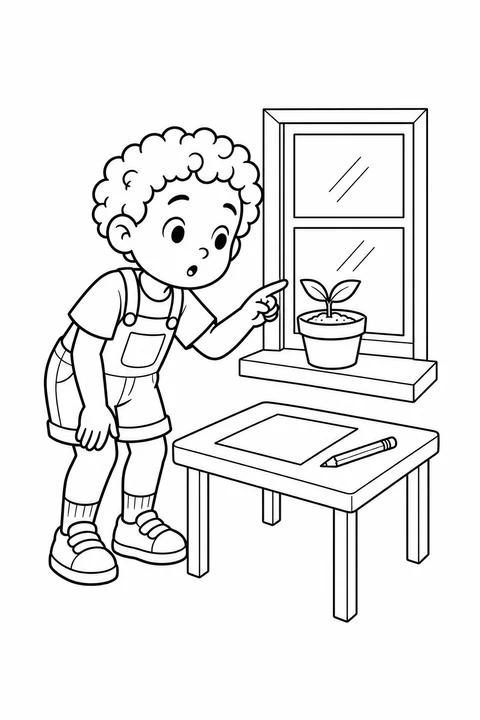 A child pointing beside a two-leaf sprout on a windowsill, with paper and pencil below.